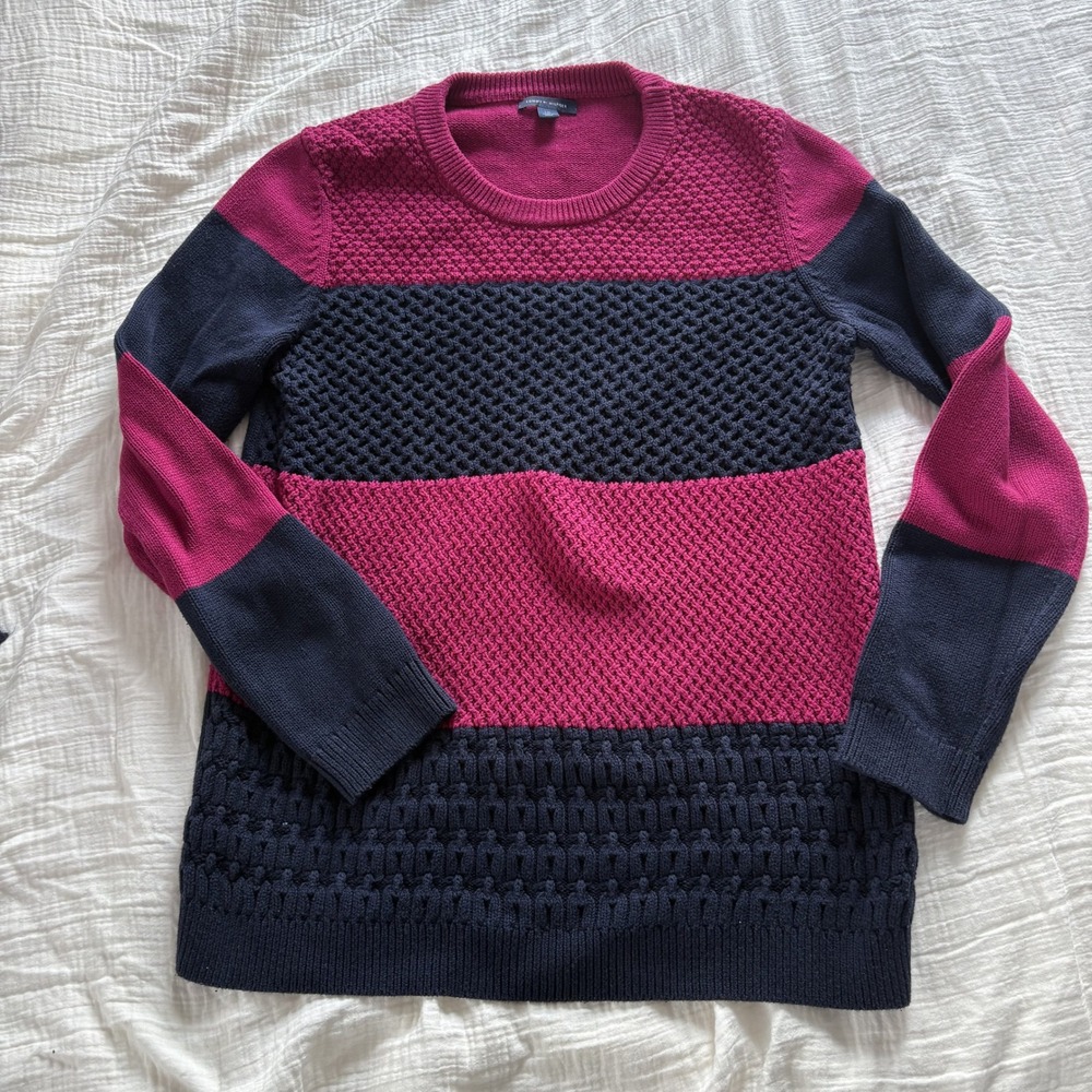 Tommy Hilfiger Sweater Colorblock Textured Cotton Navy Pink Crewneck Preppy L